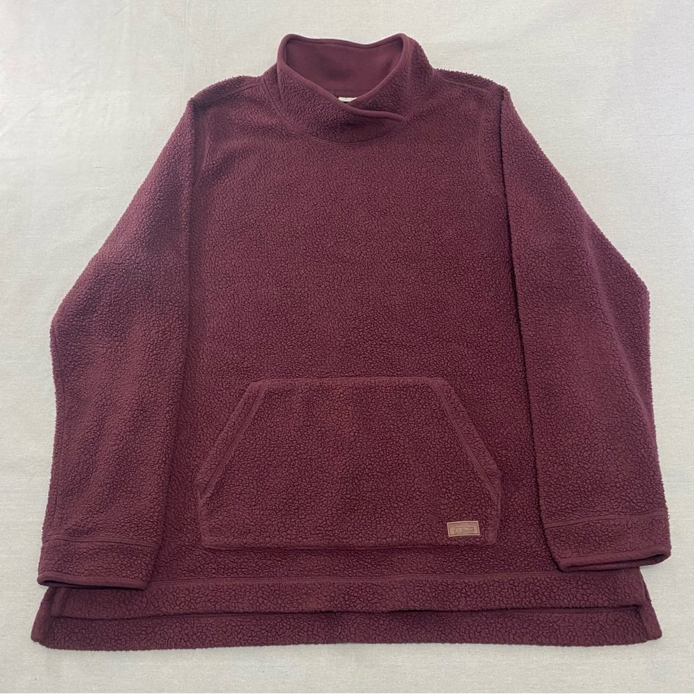 LL Bean Women's Sherpa Tunic Pullover Sweater Sz 1x Burgundy Red Cowl Neck